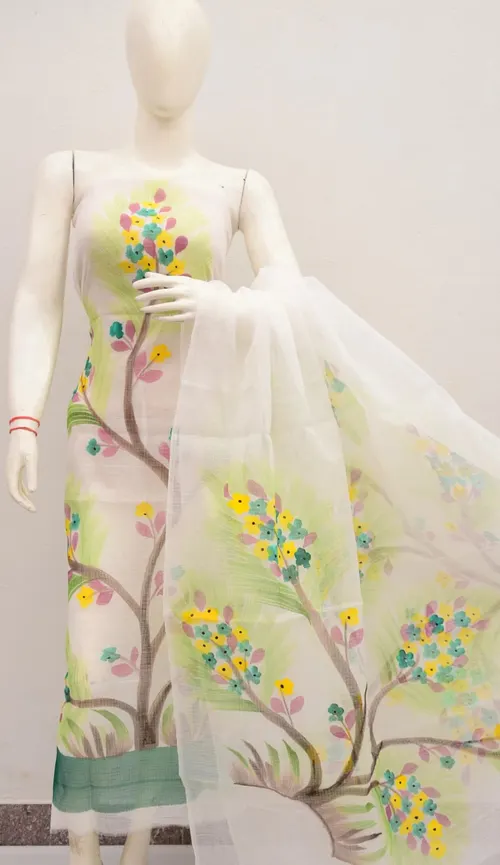 Graceful Kota Doria Dress Material with Hand Brush Print Work – Lightweight Elegance in Every Thread